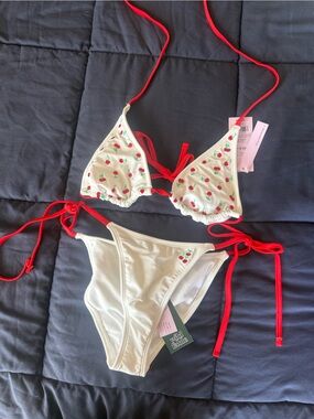 wild fable Cream Triangle Bikini Top with Red Cherry Print